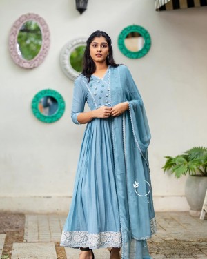 Heavy Embroidery Sky Blue Gown With Dupatta